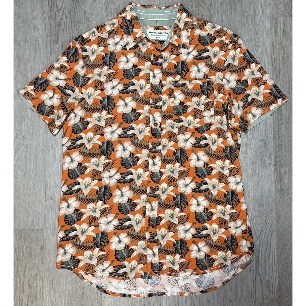 Report Collection Button Down Floral Shirt Mens M Orange Short Sleeve Rayon